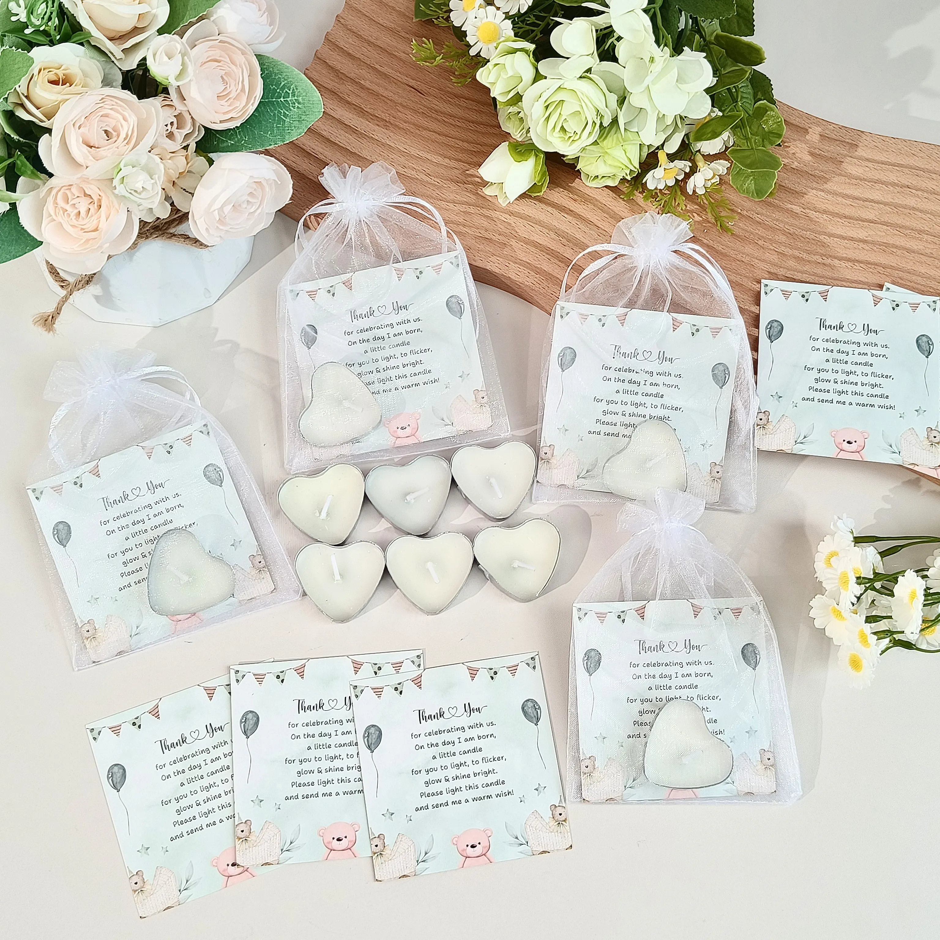 50 مجموعة من شموع استحمام الطفل، شموع قلب صغيرة لطيفة مع بطاقات وحقائب هدايا للكشف عن الجنس، ديكور الحفلات