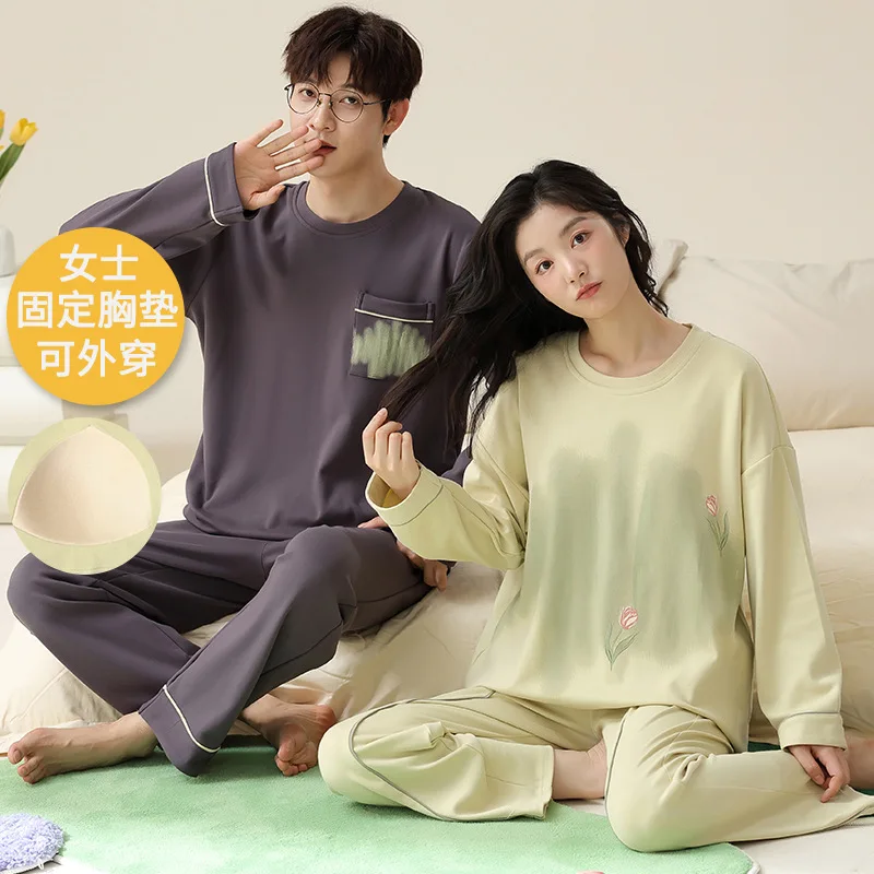Conjunto de pijama de algodón suave y transpirable para hombre y mujer, ropa de dormir larga para amantes, ropa de casa a juego para primavera