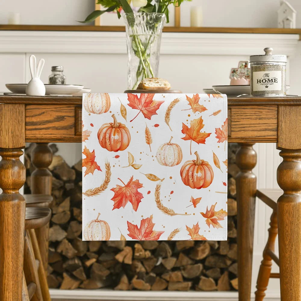 Thanksgiving Pumpkin Wheat Corn Pine Tree Table Runners Washable Dresser Dining Coffee Table Runner Wedding Holiday Party Decor