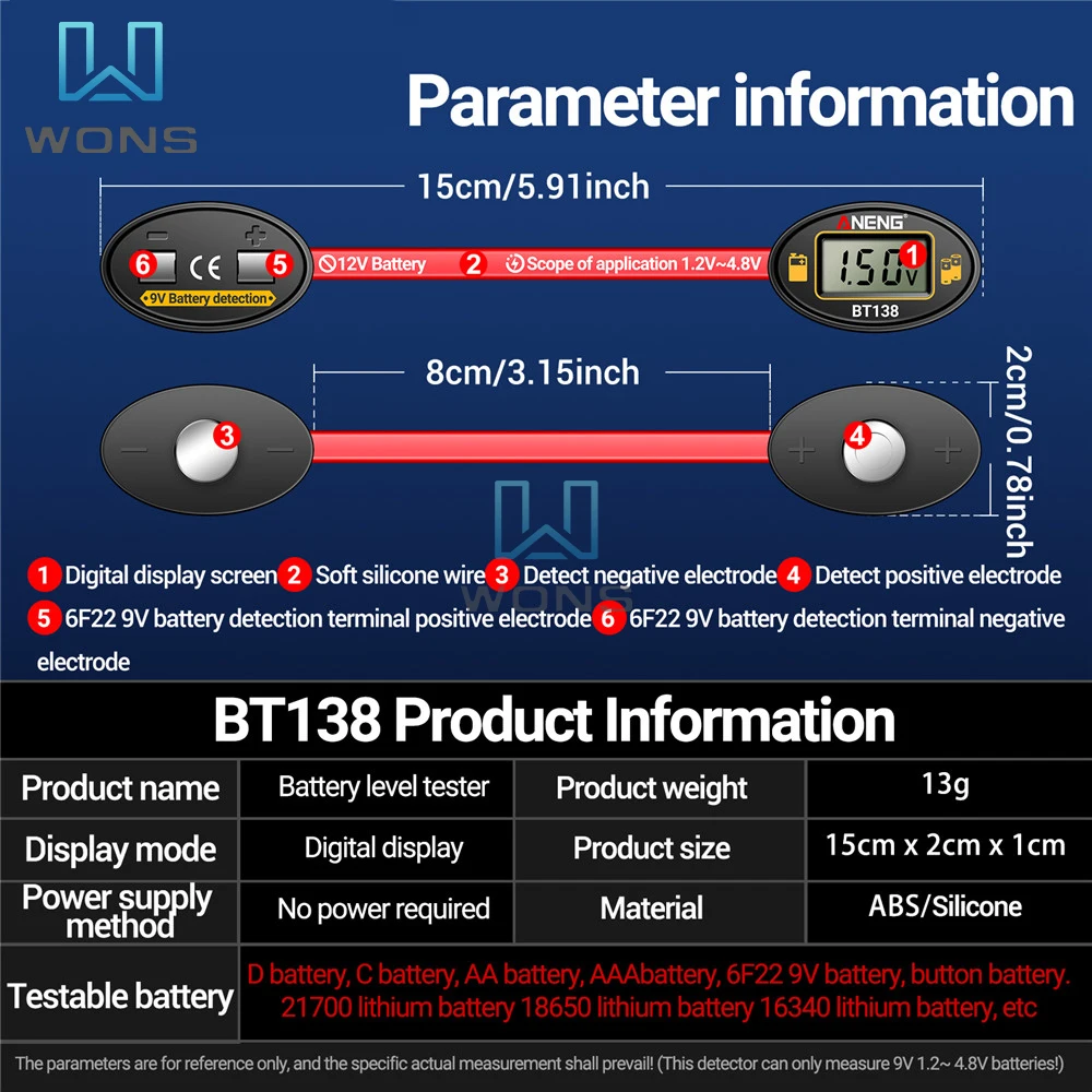 BT138 Battery Tester AA/AAA/9V Button Cell Lithium Test Display Battery Tester Power Bank Detector Tool No Battery Required