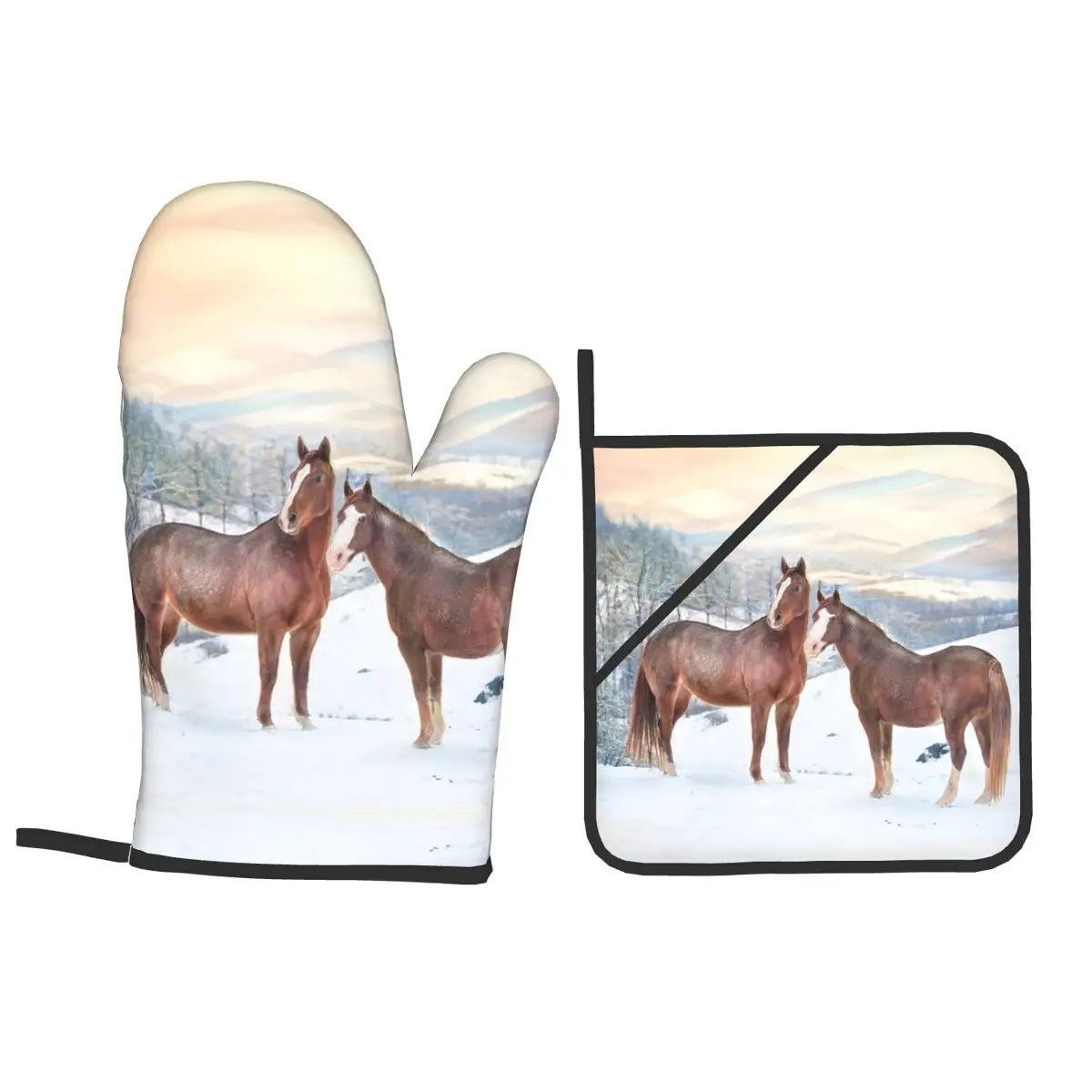 Horses With Snow And Sunset Hills Oven Mitts and Pot Holder Sets of 4 for Baking Kitchen Cooking BBQ Resistant Non-Slip Gloves