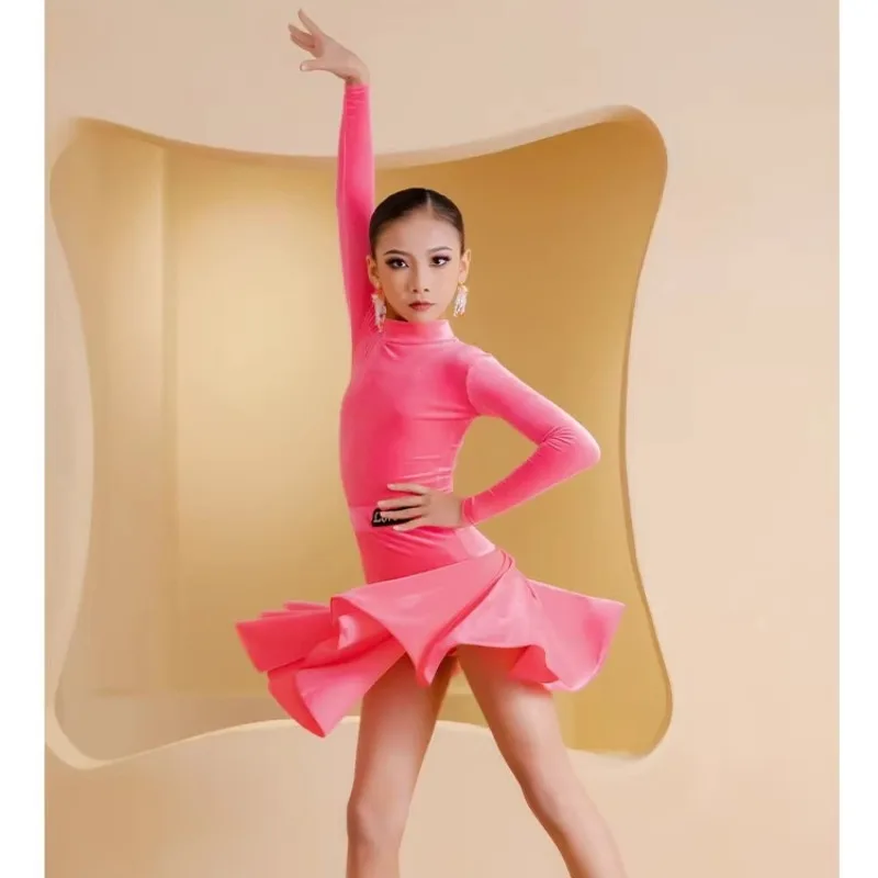 تخصيص فستان الرقص اللاتينية طويلة الأكمام مجموعة ممارسة الملابس المهنية الدرجات المنافسة كبيرة سوينغ تنورة 2 قطعة