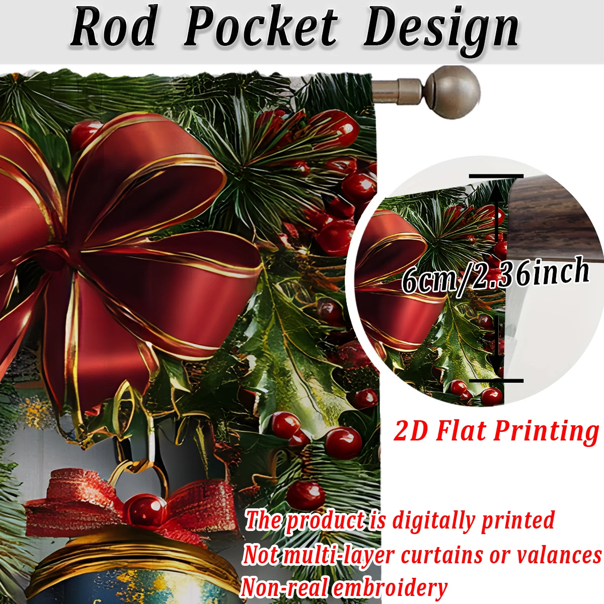 ستارة شفافة مطبوعة مسطحة لعيد الميلاد مع أجراس عيد الميلاد، وأشرطة الفراشة، لحفلات ديكور نوافذ باب غرفة المعيشة وغرفة النوم