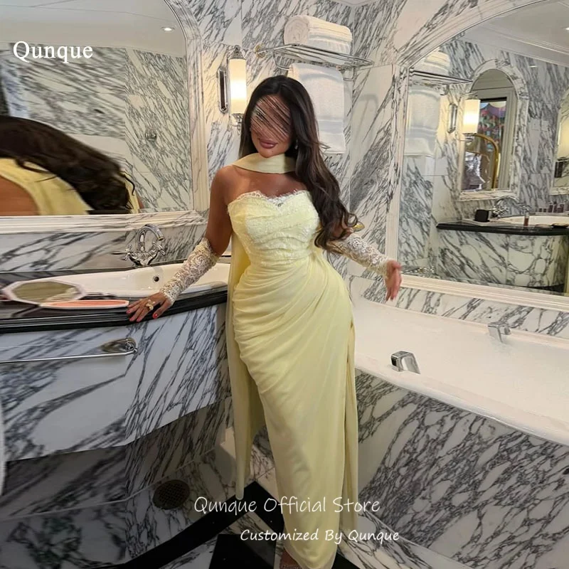 Qunque Pale Yellow Chiffon Ribbons Evening Dress Sweetheart Long Party Gown Ruched Lace Trim 2026 Vestidos De Noite Customized