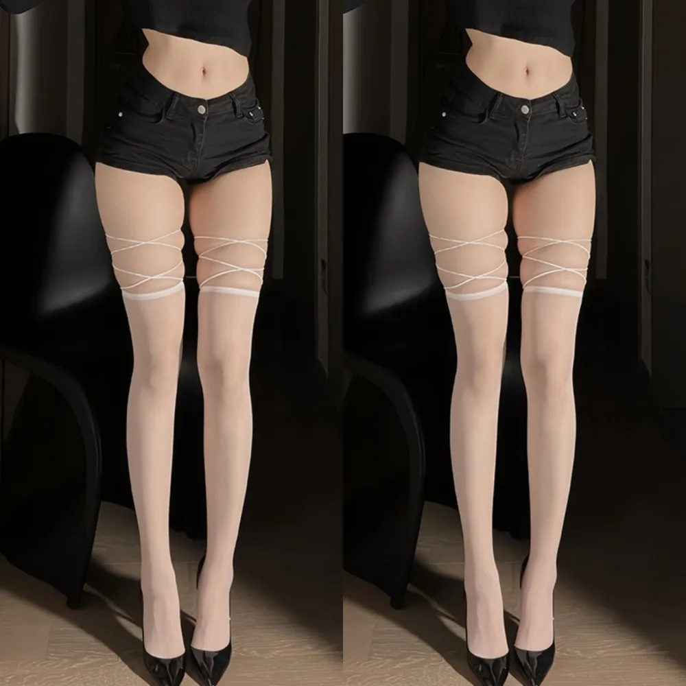 

2Pairs Chic Transparent Lace up Stocking Patchwork Nylon Long Tube Socks Thin Hosiery Above Knee Stockings Women