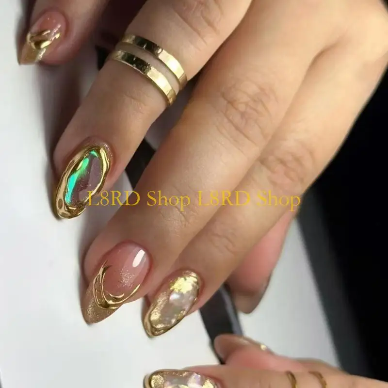 

L8RD 24 Pcs Simple Artificial Almond Full Cover False Glittering on Gold Quicksands Press On