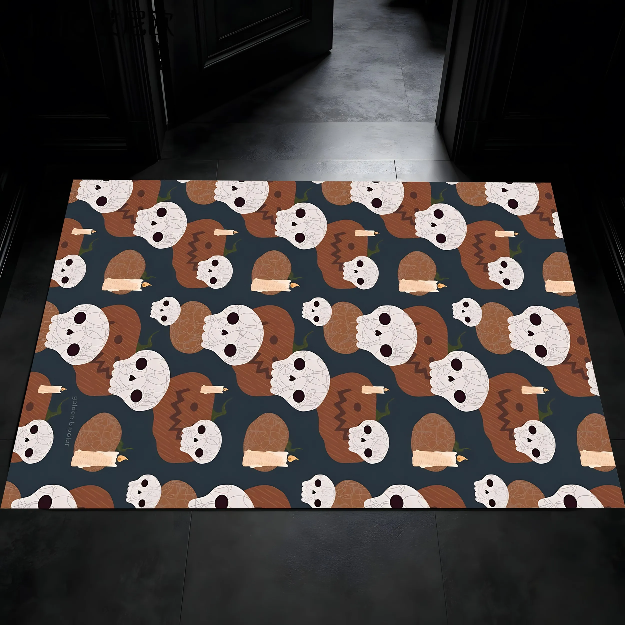 2D Large Area Rug with All |   Over Cartoon Skull, Pumpkin, Candle Patterns. Funny and Cute Style, for Living Room & Bedroom,...