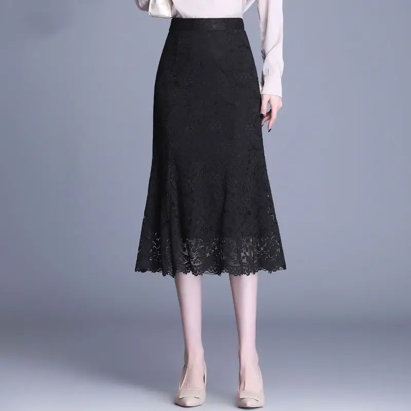 2024 New Slim Temperament Lace Odzież damska Sexy Solid Color Summer All-match Elegant High Waist Mid Length A-line Skirt