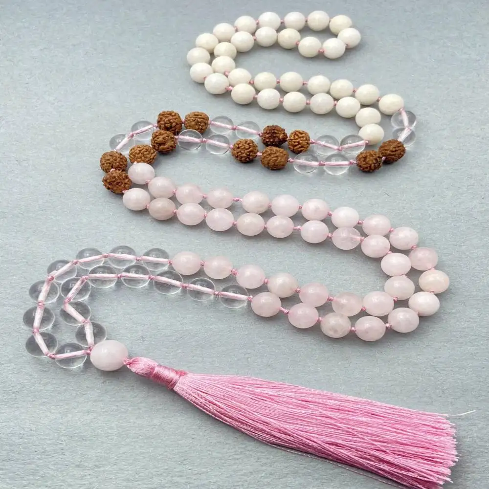 Natural Rose Quartz, Clear Quartz & Rudraksha 108 Mala Beads Necklace Love & Clarity Healing Crystal Jewelry