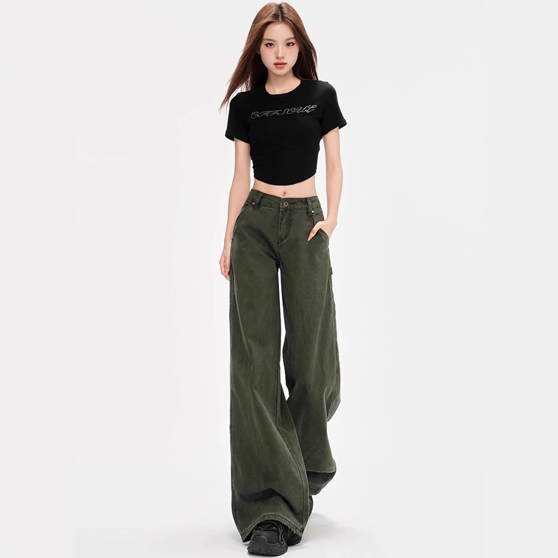 American Retro Army Green  Curved Hem Jeans For Women, Autumn High Design, Straight Wide-Leg Floor-Length Pants