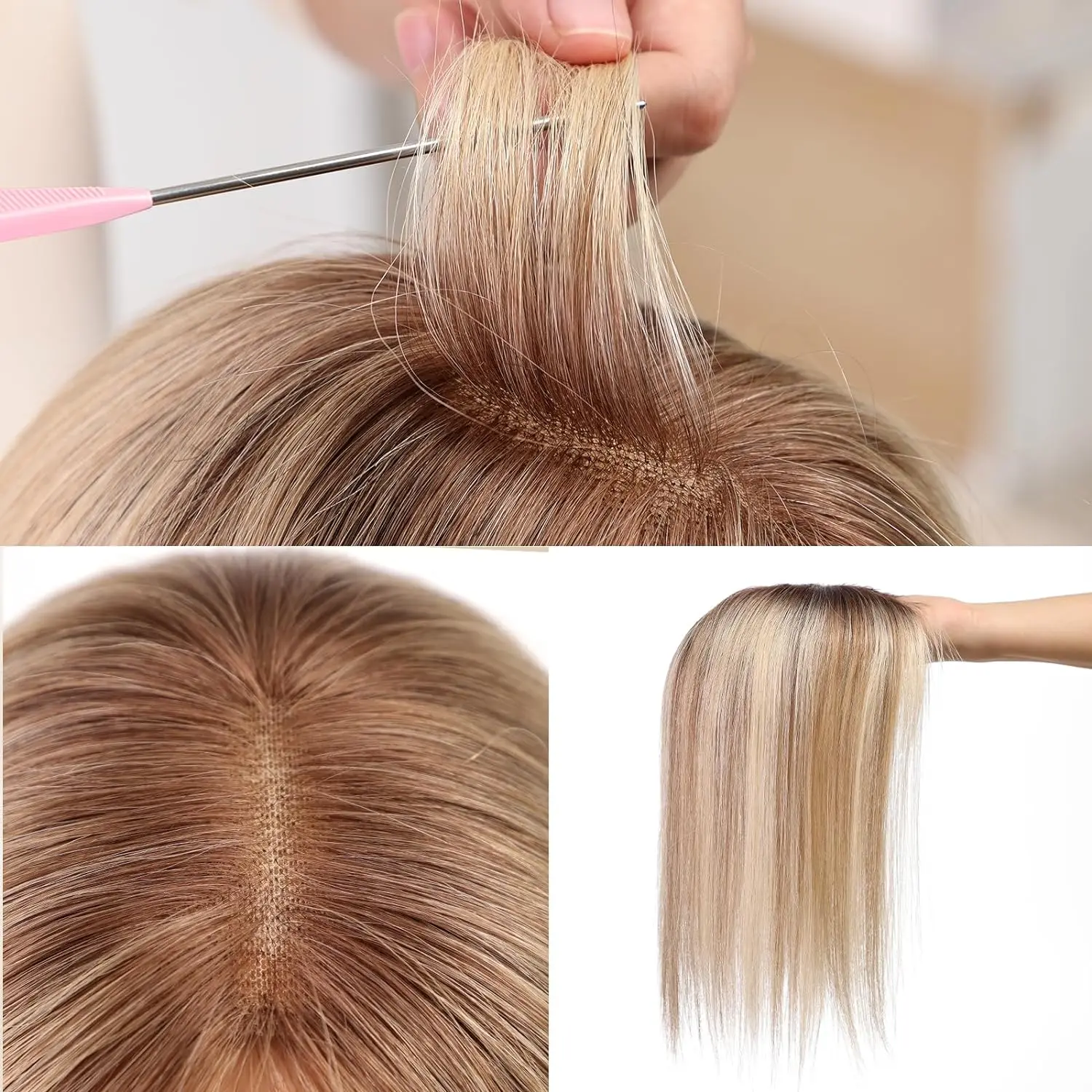 Loira castanha destaca capas de cabelo para mulheres, cabelo humano com 3 clipes, base de renda suíça, amarrado à mão, peruca de 14 "com estrondo