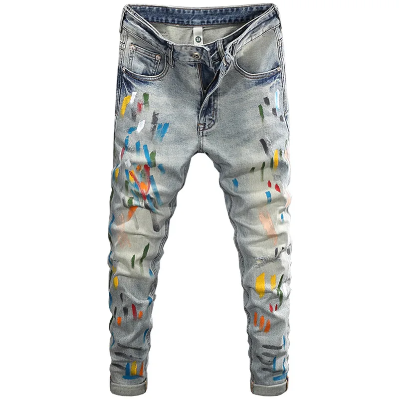 2025 new high street embroidered jeans for men, exquisite printing, colorful graffiti trend, nostalgic, slim fit, elastic leggin