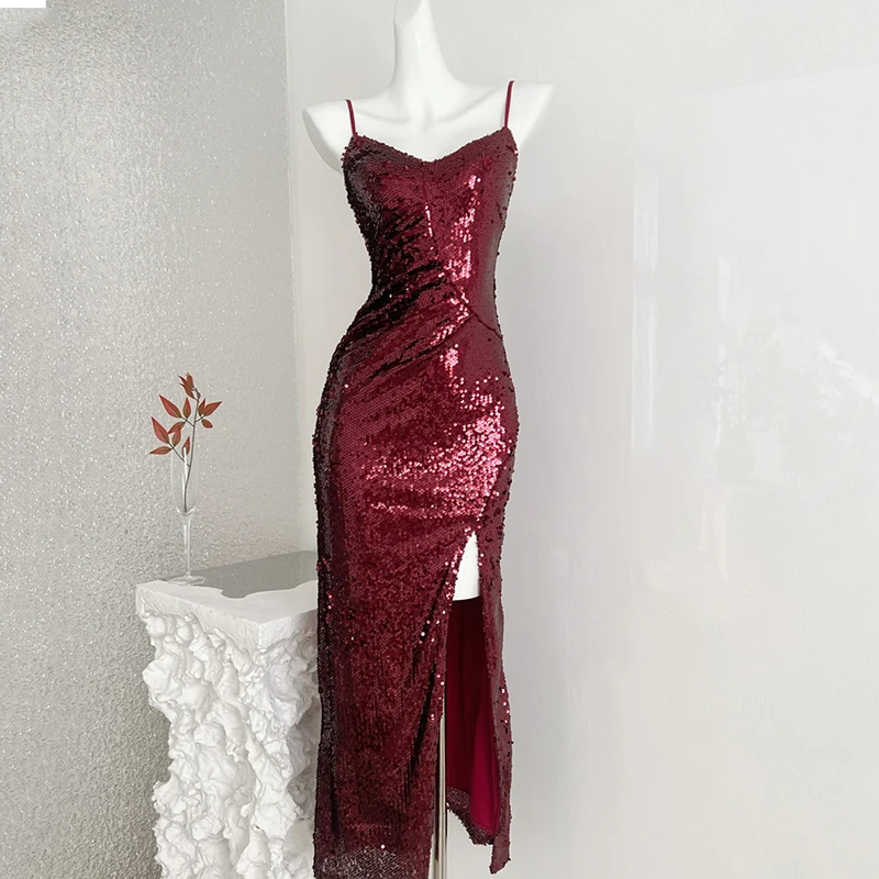 

Elegant Sequins Bodycon Dress Zip Up Sexy Split Spaghetti Strap Red Party Dress High Waist Slim-fit Midi Dresses Vestidos Mujer