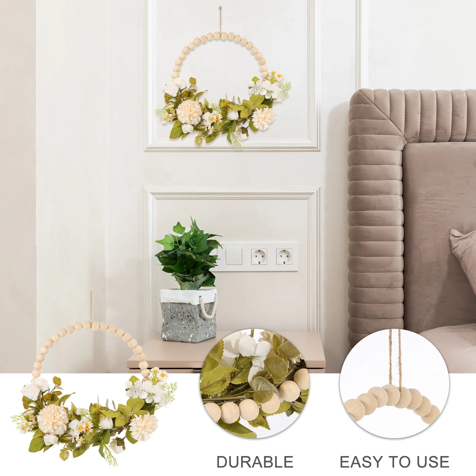 

Wooden Bead Wall Hanging Garland Farmhouse Pendant Artificial Green Leaf Flower Wreath for Wedding Party Indoor Outdoor