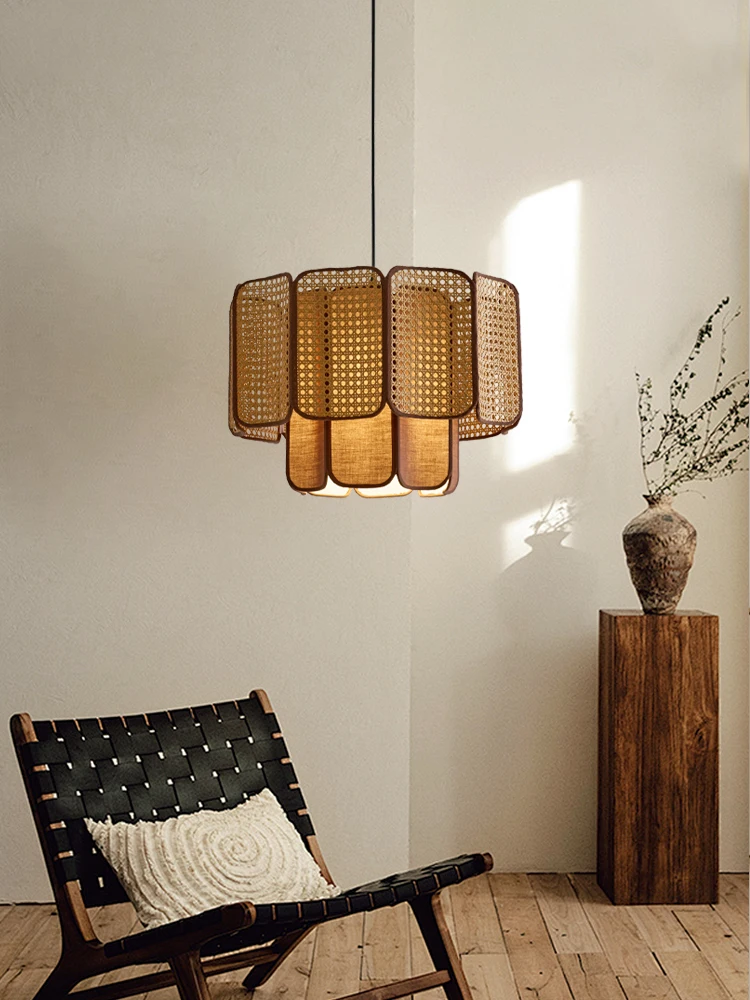 LED Wabi Sabi Style Japanese Restaurant Pendant Light Living Room Bedroom Tea Table Dining Table Handmade Rattan Pendant Light