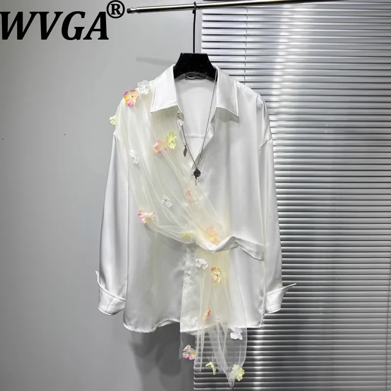 

WVGA 2026 Spring Autumn New Man Turn-Down Collar Three-Dimensional Floral Mesh Patchwork Shirt Niche Chic Casual Tops Ins W20526