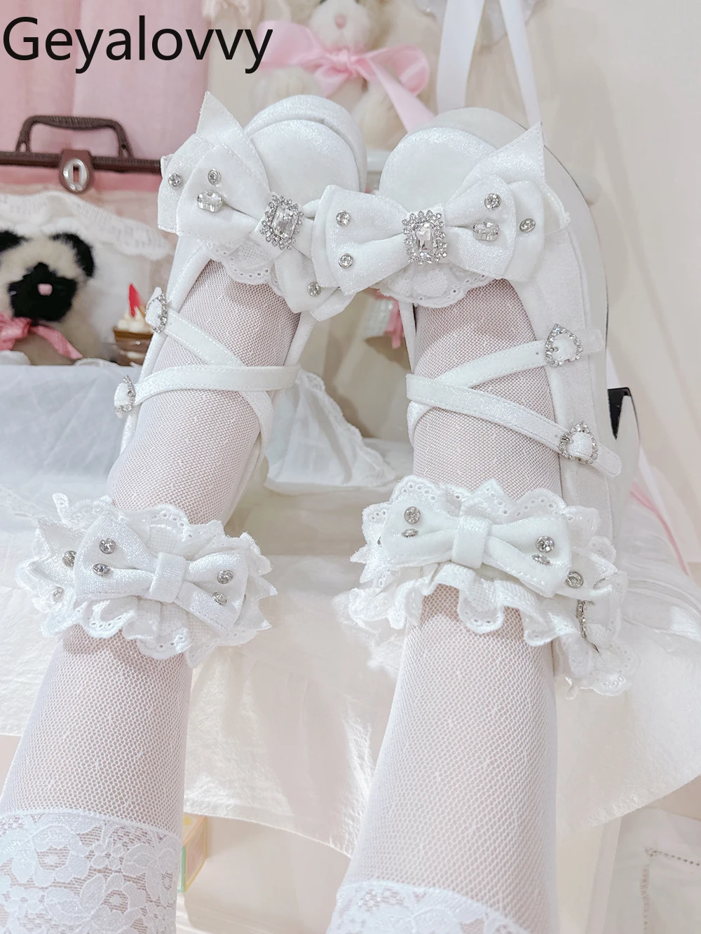 봄과 가을 벨벳 두꺼운 단독 라인 석 보우 로리타 일본식 다목적 인형 느낌 플랫폼 신발 여성용