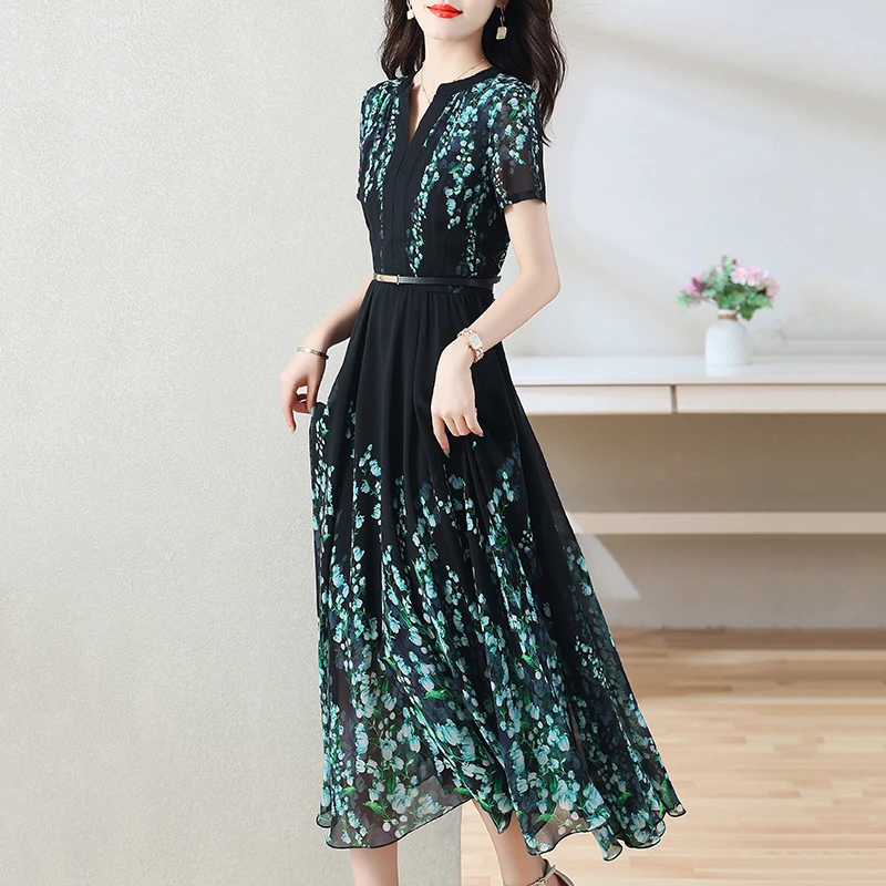 Bohemian Chiffon Beach Maxi Long Dress Women Summer Elegant V-Neck Belt Flower Print Purple Green Evening Party Dress 2023 New