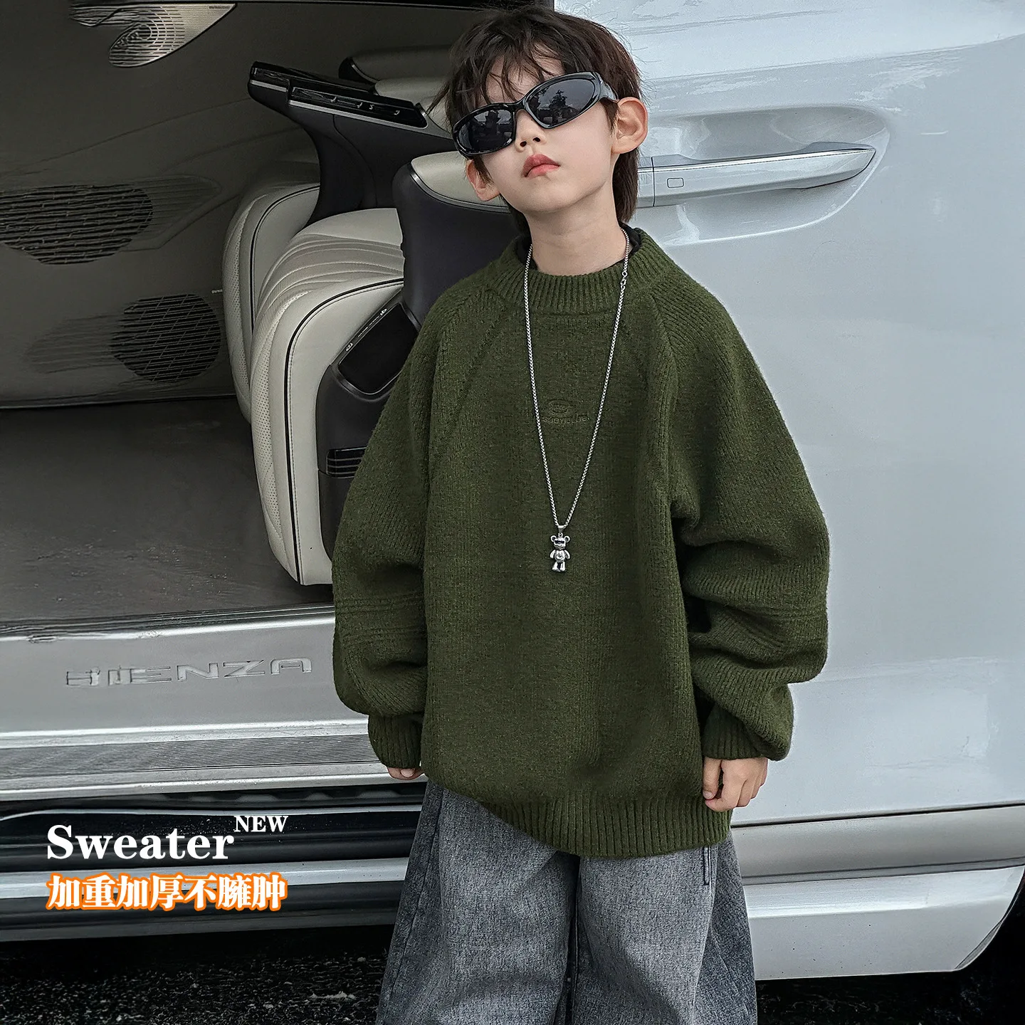 

Autumn Winter Boys Korean Style Thick and Warm Round Neck Sweater 2025 Children Clothing New Fashion Solid Color Loose Pullover