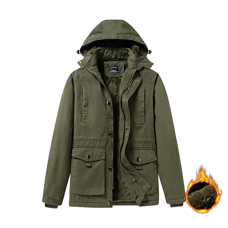 

2023 Men Winter Solid Color Cotton Fleece Loose Detachable Hooded Jacket Men Warm Windproof Outdoors Cargo Casual Jacket Male