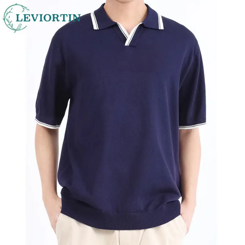 

Мужская летняя рубашка-поло из ледяного шелка, с короткими рукавами, легкая роскошь, элитное ощущение, лацкан, деловая повседневная футболка с цветными блоками