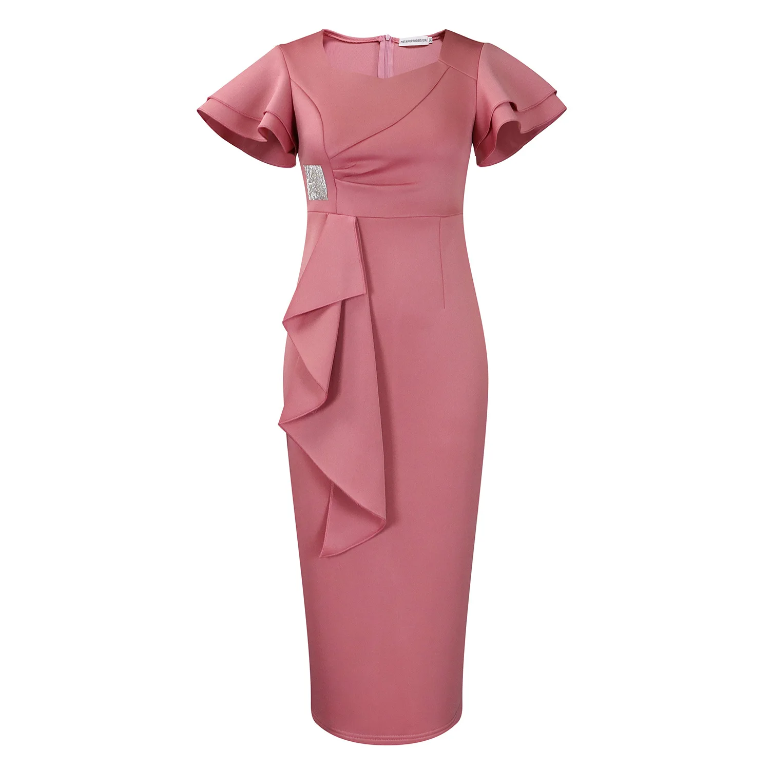 

Elegant Waist Ruffles Short Bodycon Dress With Short Sleeves