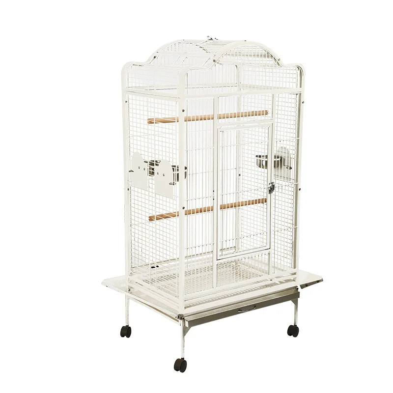 Double wrought iron bird cage, bright white parrot cage with wheels, large mobile bird cage