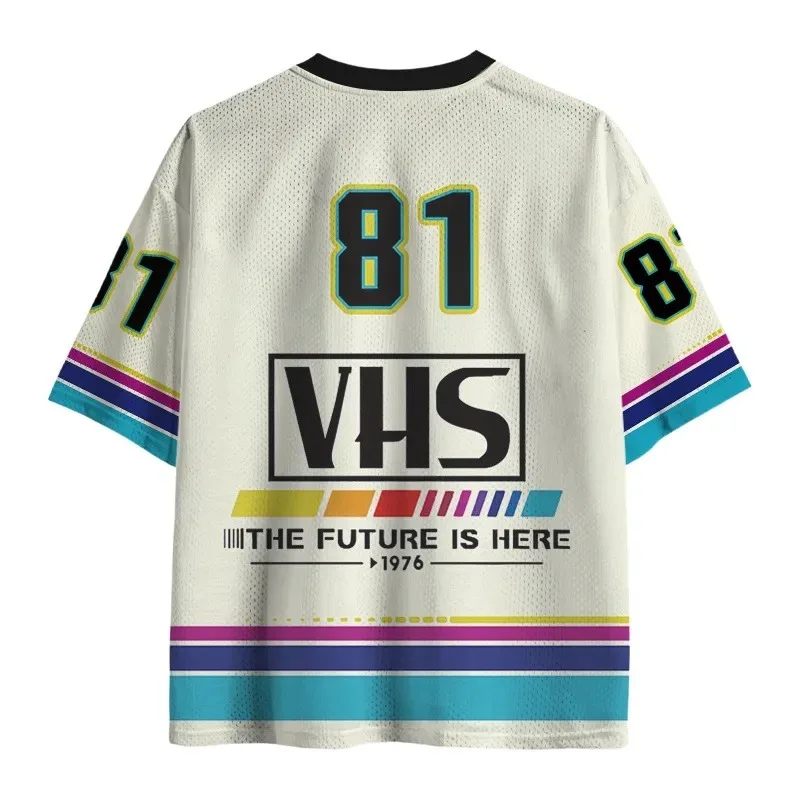 American Retro VHS 81 Jersey Steam Wave Color Striped Breathable V-neck Sports Short Sleeved T-shirt