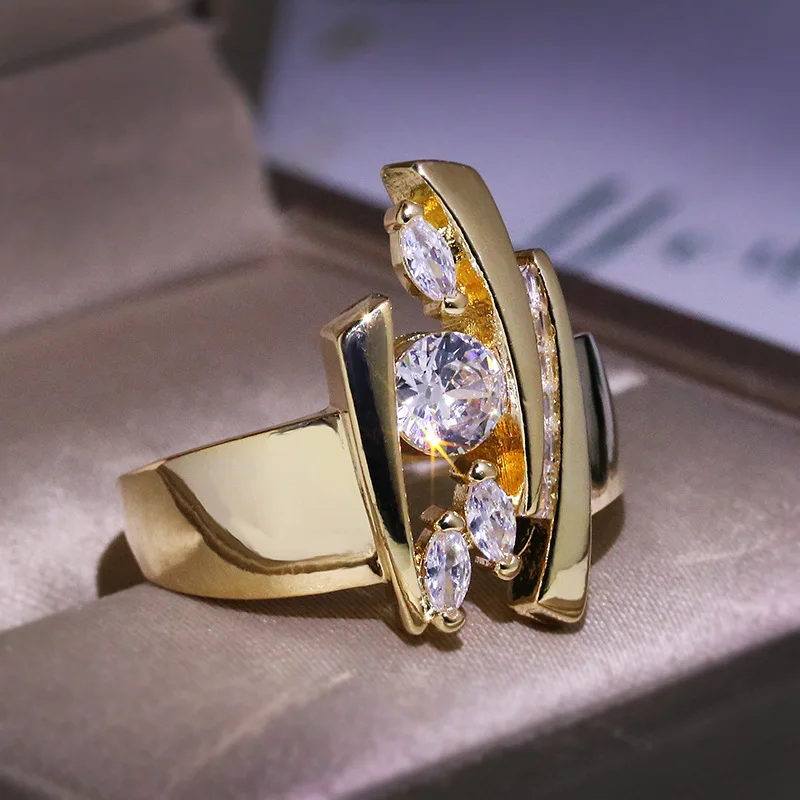 Luxury S925 Silver Gold Color Geometric Shape Women Rings Hiphop Party Stylish Female Finger Dazzling Lady\'s Fashion Jewelry