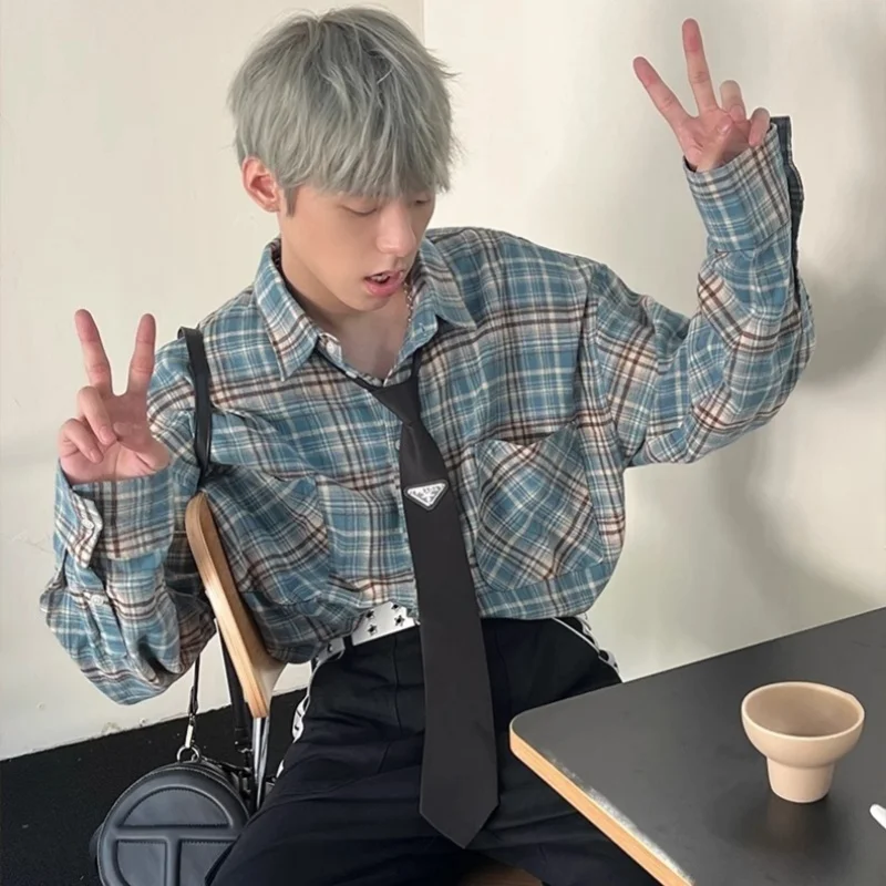 Stretch Checkered Shirt Long Sleeve Korean Fashion Fit Unisex Versatile Top Outdoor Travel Spring Summer Lightweight Comfort