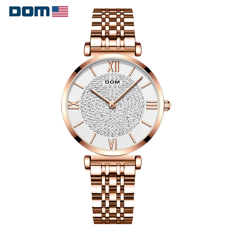 

DOM 1342 Women's Round Quartz Watch Luxury Elegant Diamond Pointer with Stainless Steel Wristwatches for Ladies Watches Gift