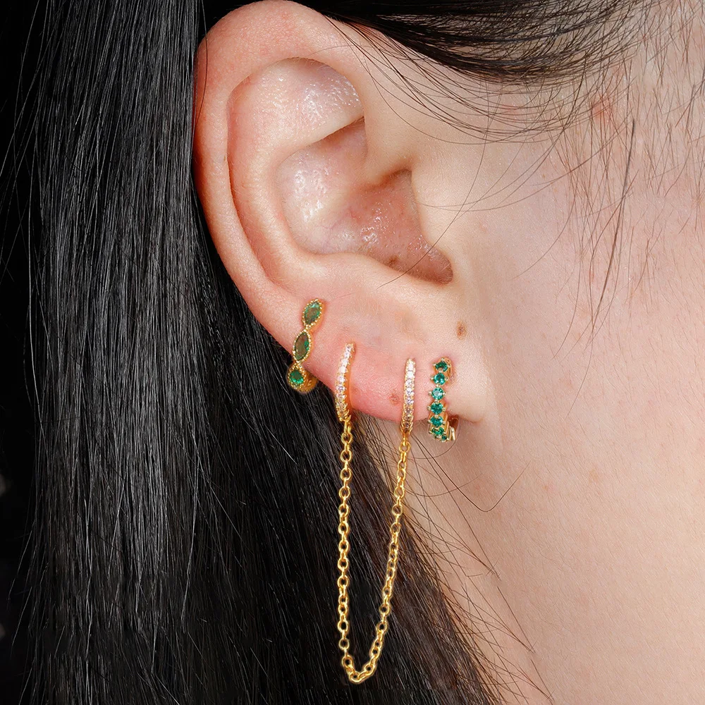 3PCS Gold Color Double Holes Chain Hoop Earrings Set for Women Stainless Steel Crystal Tassel Earrings Wedding Jewelry Gift 2024