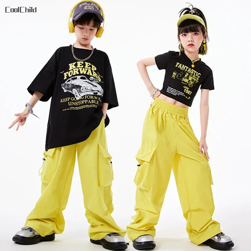 Boys Hip Hop Retro Loose Print T-shirt Street Dance Cargo Pants Girls Short Sleeve Crop Top Child Clothes Sets Kids Jazz Costume