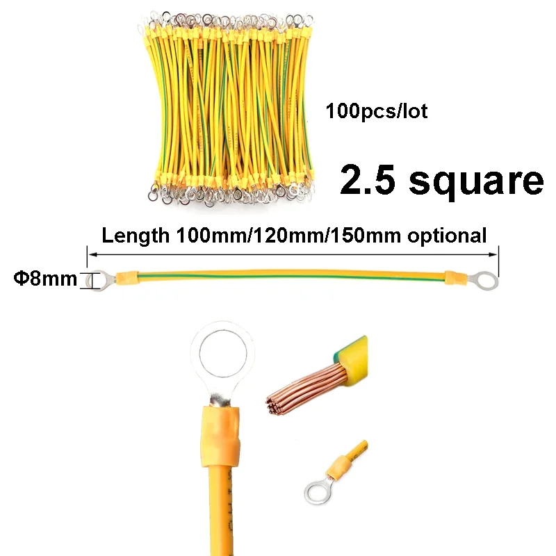 100pcs/lot BVR Yellow-Green Solar Photovoltaic Grounding Wire Terminals 2.5mm² Distribution Box Bridge Soft Copper Wire