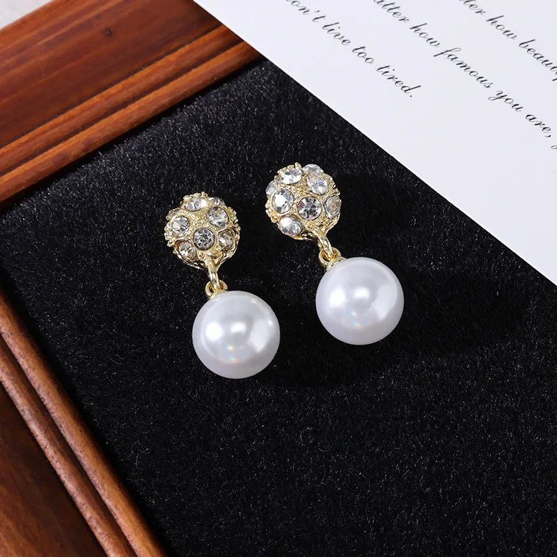 New Hemispherical Surface Crystal Imitation Pearl Pendant Earrings for Women Minimalist Gold Color Ear Jewelry Hiphop Girls Gift