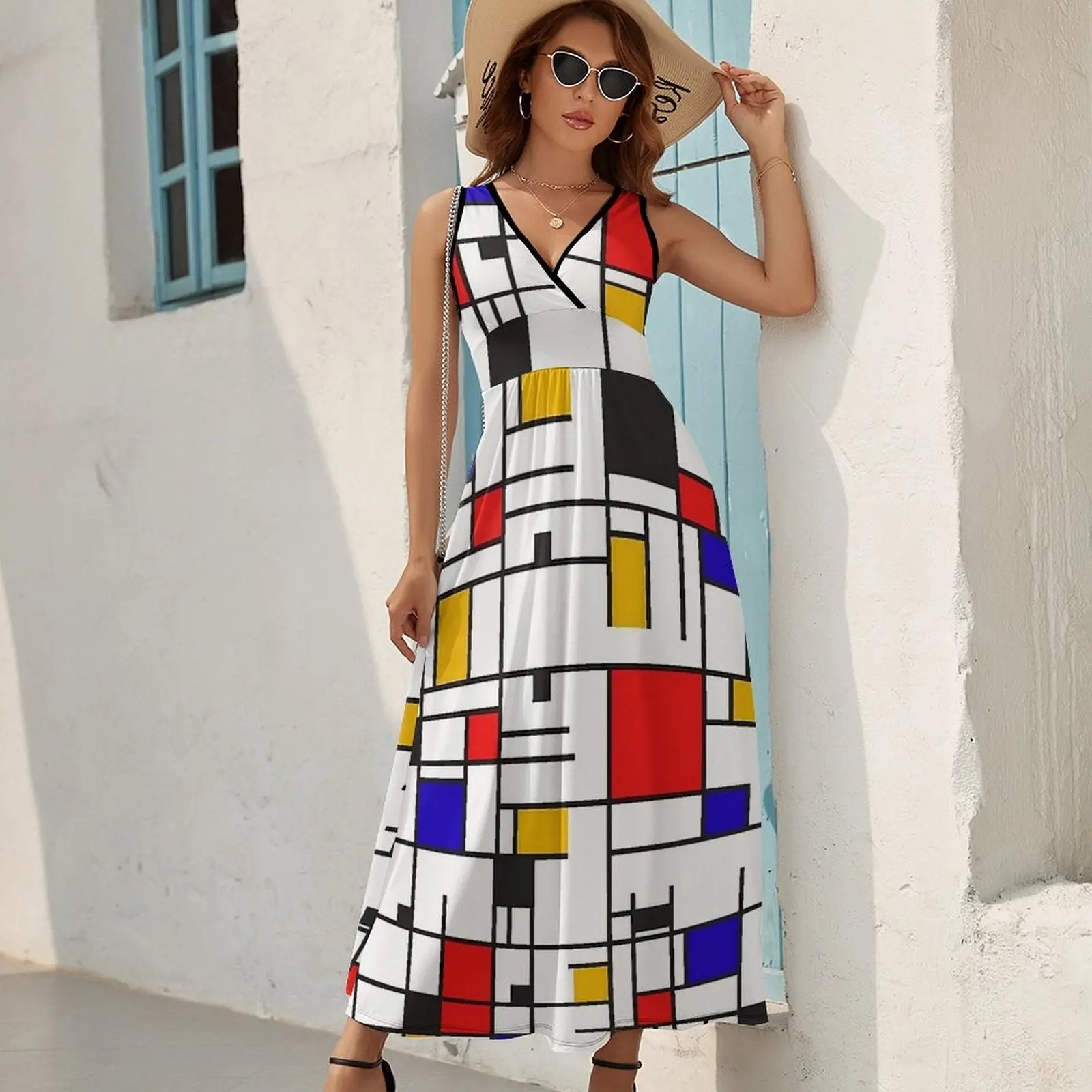 Vestido Mondrian sin casa con estampado de cuadros, Vestido largo sexi estético bohemio para playa, vestidos largos de cintura alta, Vestido personalizado de gran tamaño