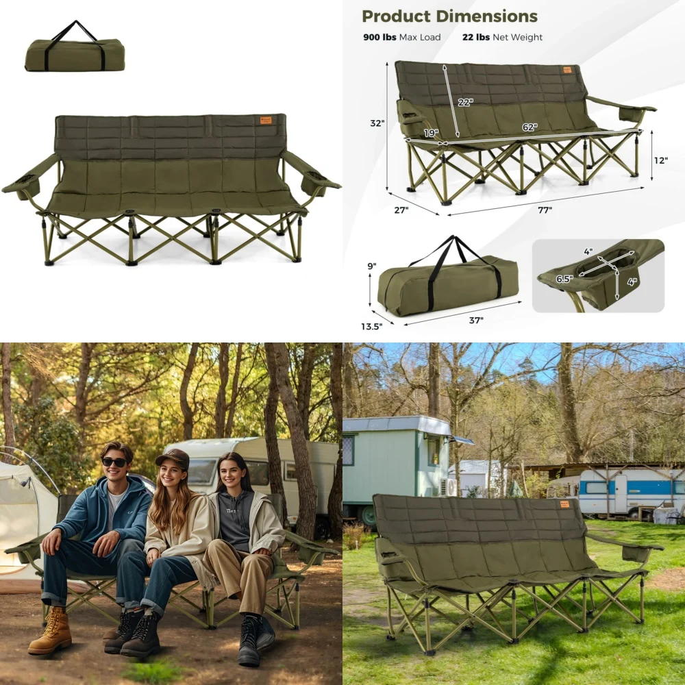 

camping chair3 Person Folding Camping Chair Heavy Duty Outdoor Portable Camp Couch with Cup Holders Padded Seat for Beach Travel