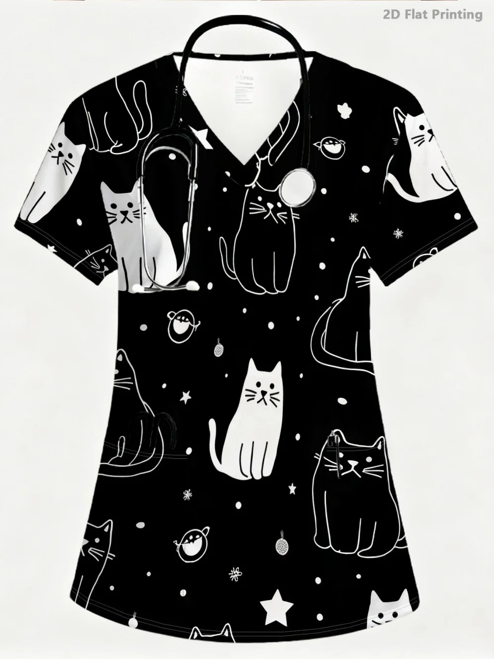 Summer Womens Fashion V-Neck Short Sleeve Uniform Pockets Tops Cute Cat Pattern Print Comfortable Vet Clinical Uniforms Woman - view 4