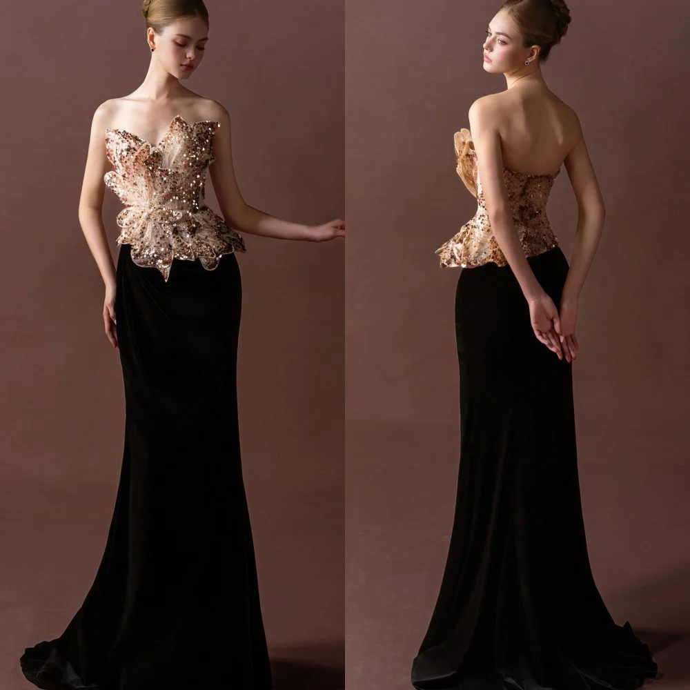 

Customized Exquisite Strapless Crystal Evening Dress High Quality Velvet Prom Dresses Temperament Mermaid Black Party Gowns
