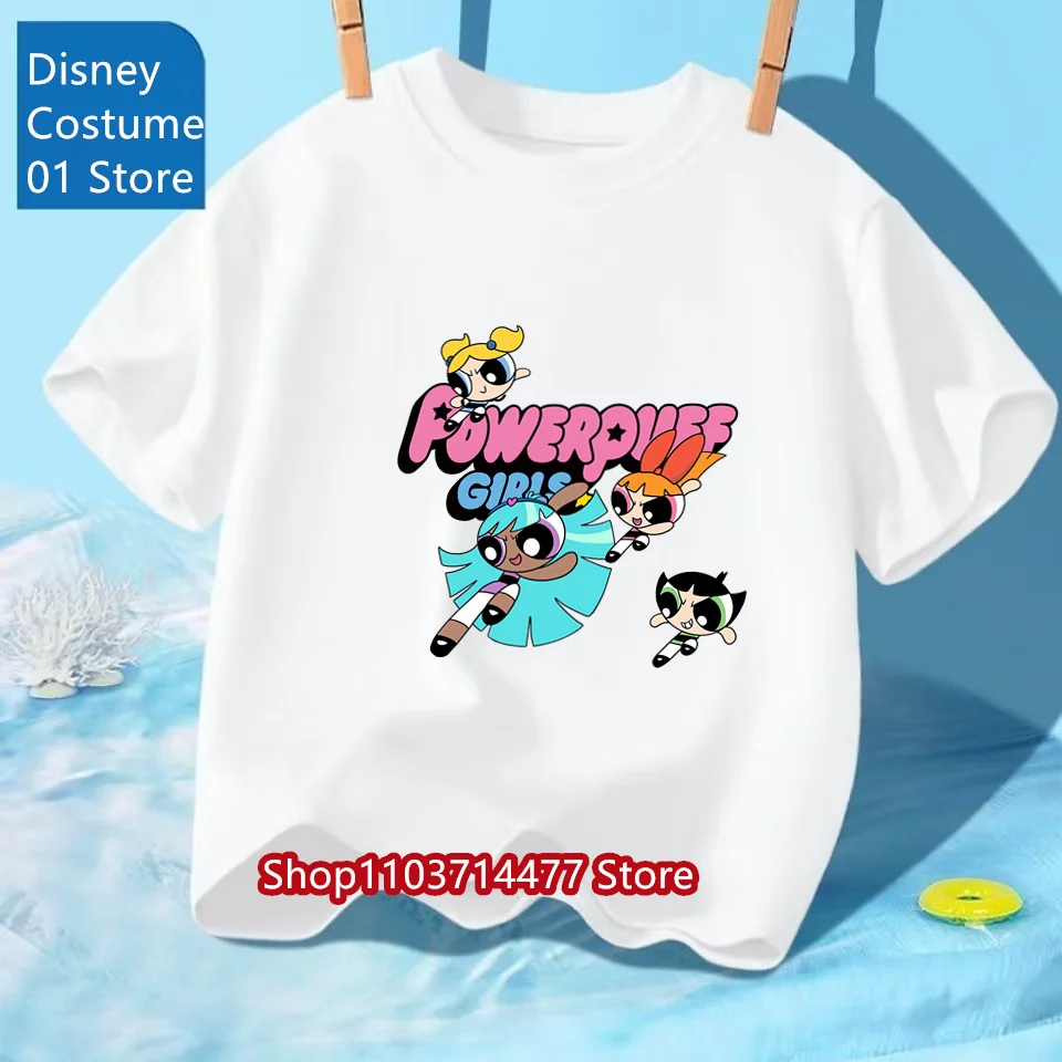

Summer New Children's Solid Color Short-Sleeved T-Shirt High Quality Cotton Tops Kids Cute 3d Powerpuff Girls Printed Clothing
