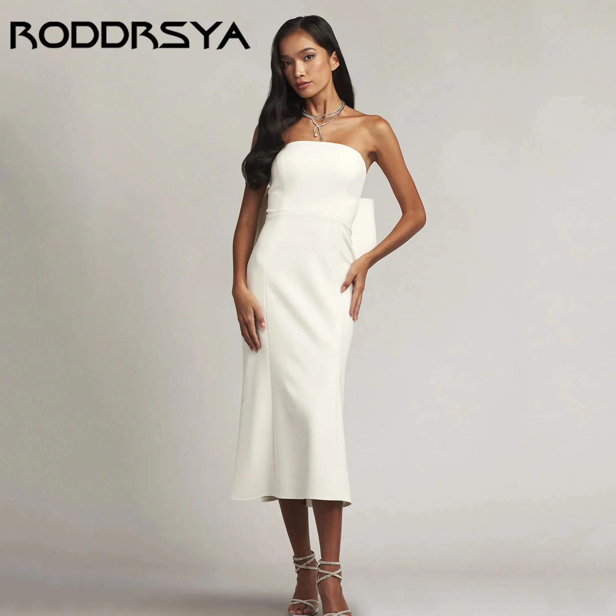 

RODDRSYA Midi Length Wedding Dress With Bow Simple Satin Sleeveless Bridal Party Gowns Strapless Open Back vestidos Customized