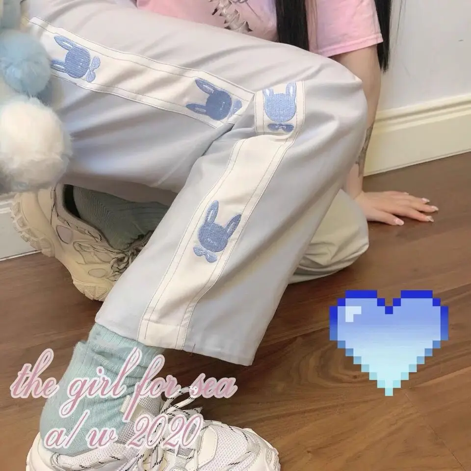 

Japan Autumn Winter Style Ins Soft Girl Cute Rabbit Student Loose Versatile Nine-Point Casual Straight Wide-Leg Pants