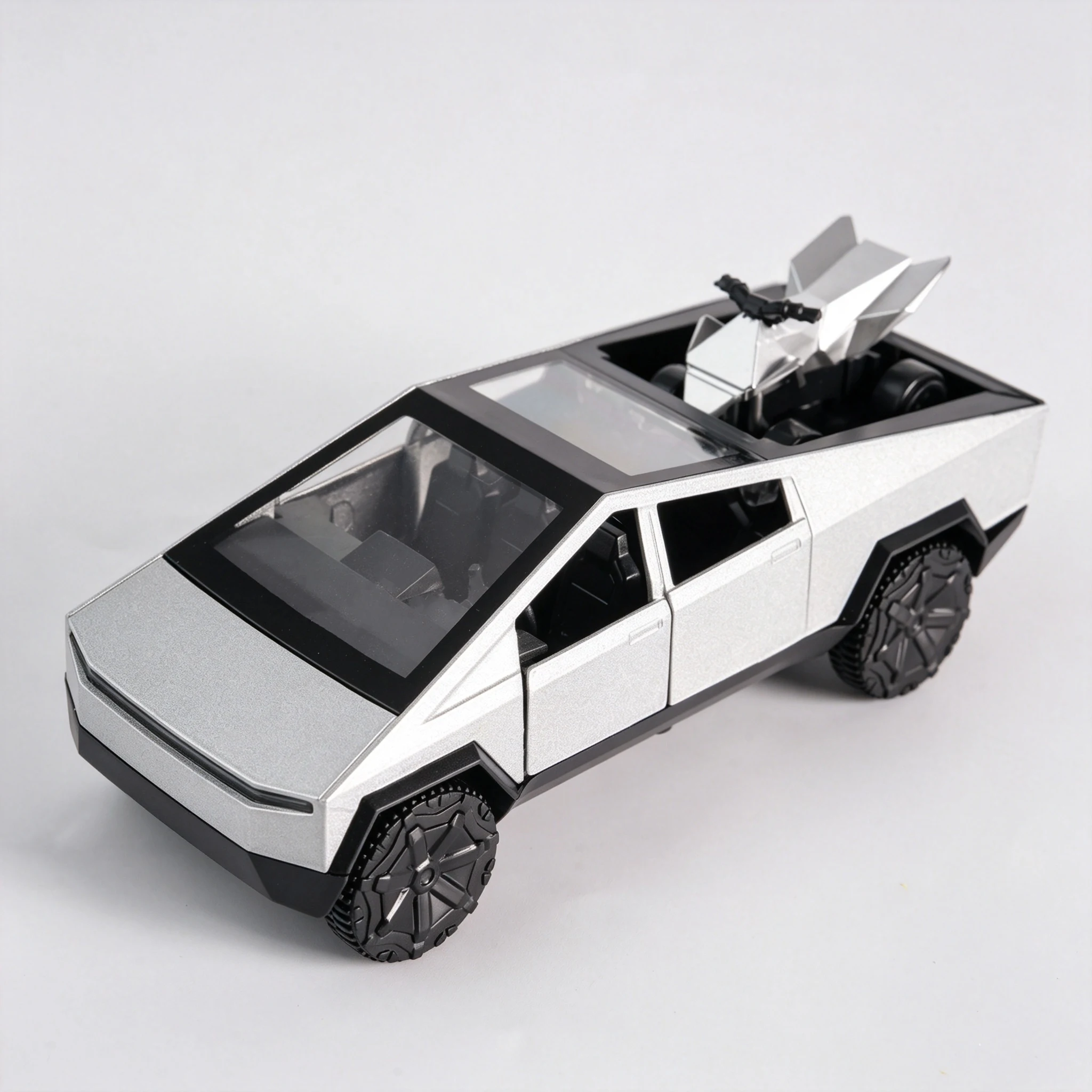 Cybertruck Model Pickup Truck Toy Diecast Alloy Vehicle Openable Doors Collectible Gift With Mini ATV Silver