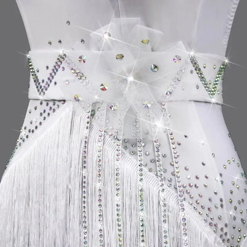 White Latin Dance Dress Stage Performance Women Female Tassels Skirt Sports Costume Ball for Girls Practice Wear Prom Suit