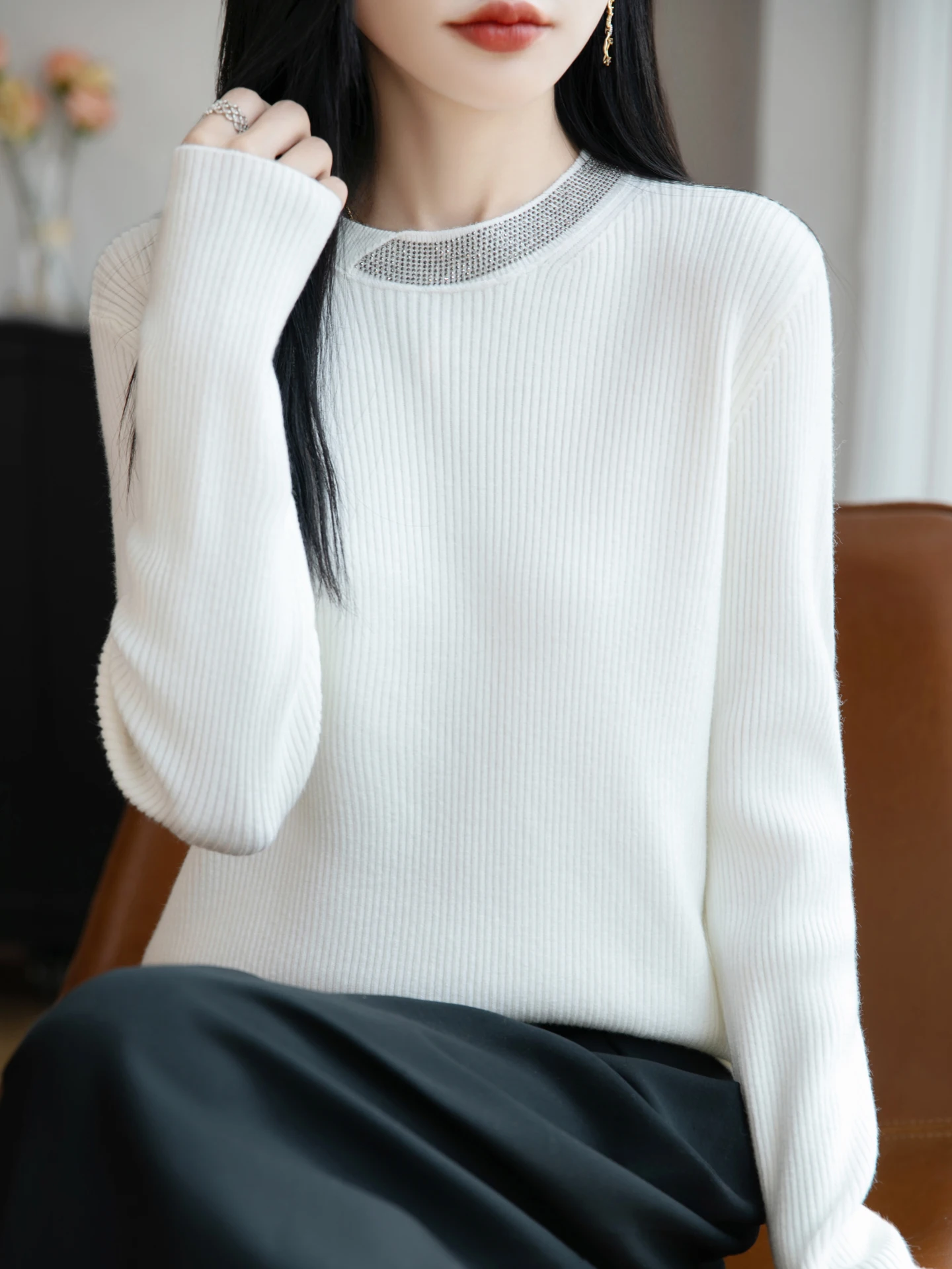 

Женский модный вязаный свитер с круглым вырезом, мягкий повседневный свободный крой, с длинными рукавами, для ношения в качестве базового слоя