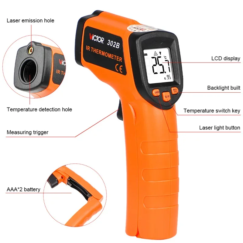 RuoShui 302B Infrared Thermometer Industry and Home Temperature Humidity IR-LCD Temperature Meter Non-contact Laser Thermometers