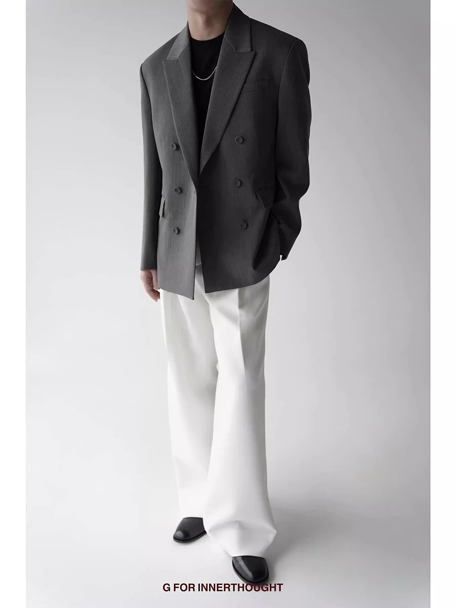 

Mauroicardi Spring Autumn Grey Blazers for Men Peaked Lapel Shoulder Pads Double Breasted Elegant Luxury Designer Clothes 2025
