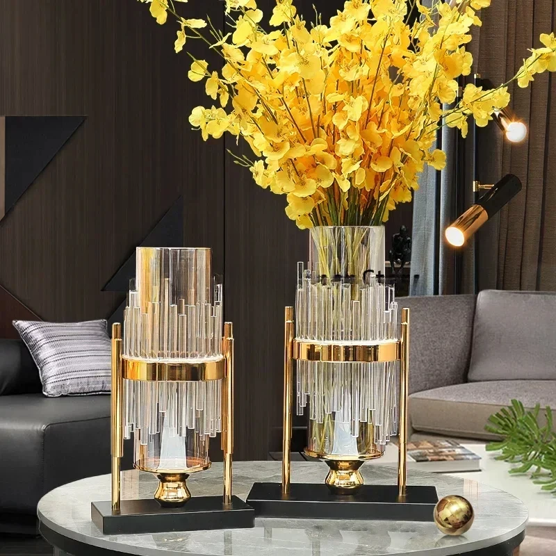 

Metal Transparent Glass Vases Modern Design Luxury Crystal Plant Pot Dried Flowers Living Room Jarrones Table Decoration