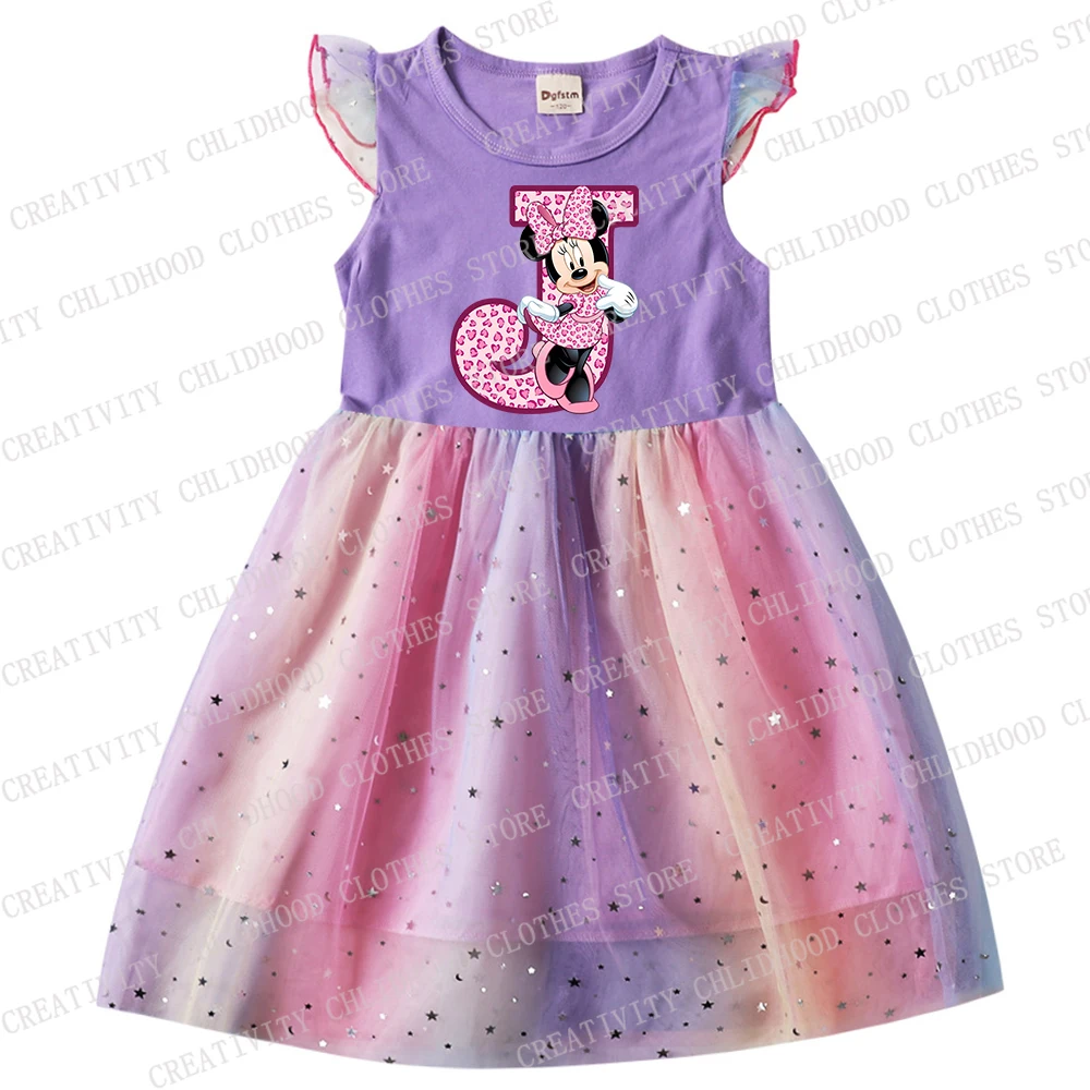 Minnie Mouse gaun anak perempuan huruf A B C D gaun motif Disney pakaian kasual kartun anak perempuan hadiah bayi kasa Kawaii