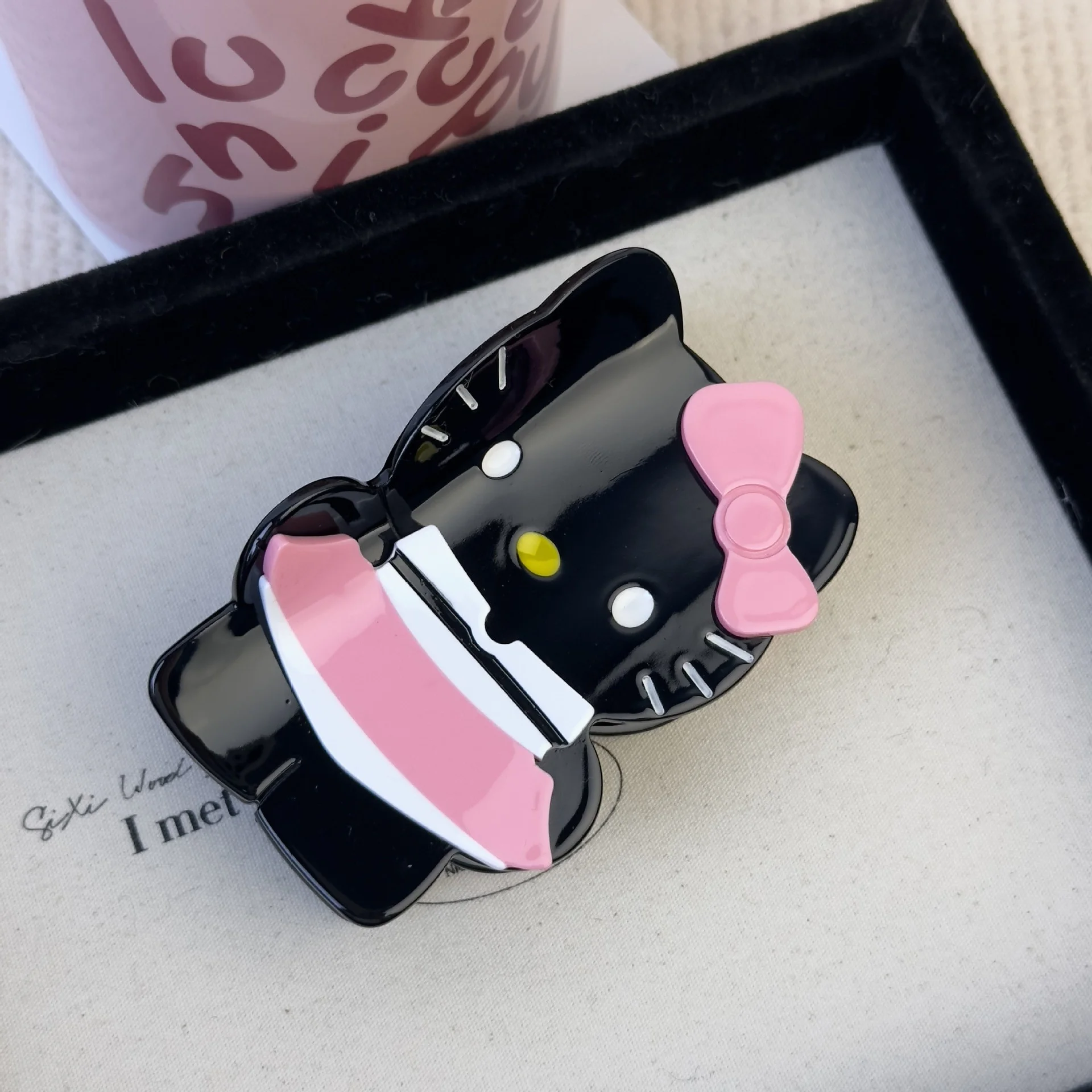 Kawaii Sanrio Y2K Anime Black Leather Hello Kitty Hair Clip Cartoon Cute Girl Big Clip Hair Bun Hairpin Hair Accessories Gift